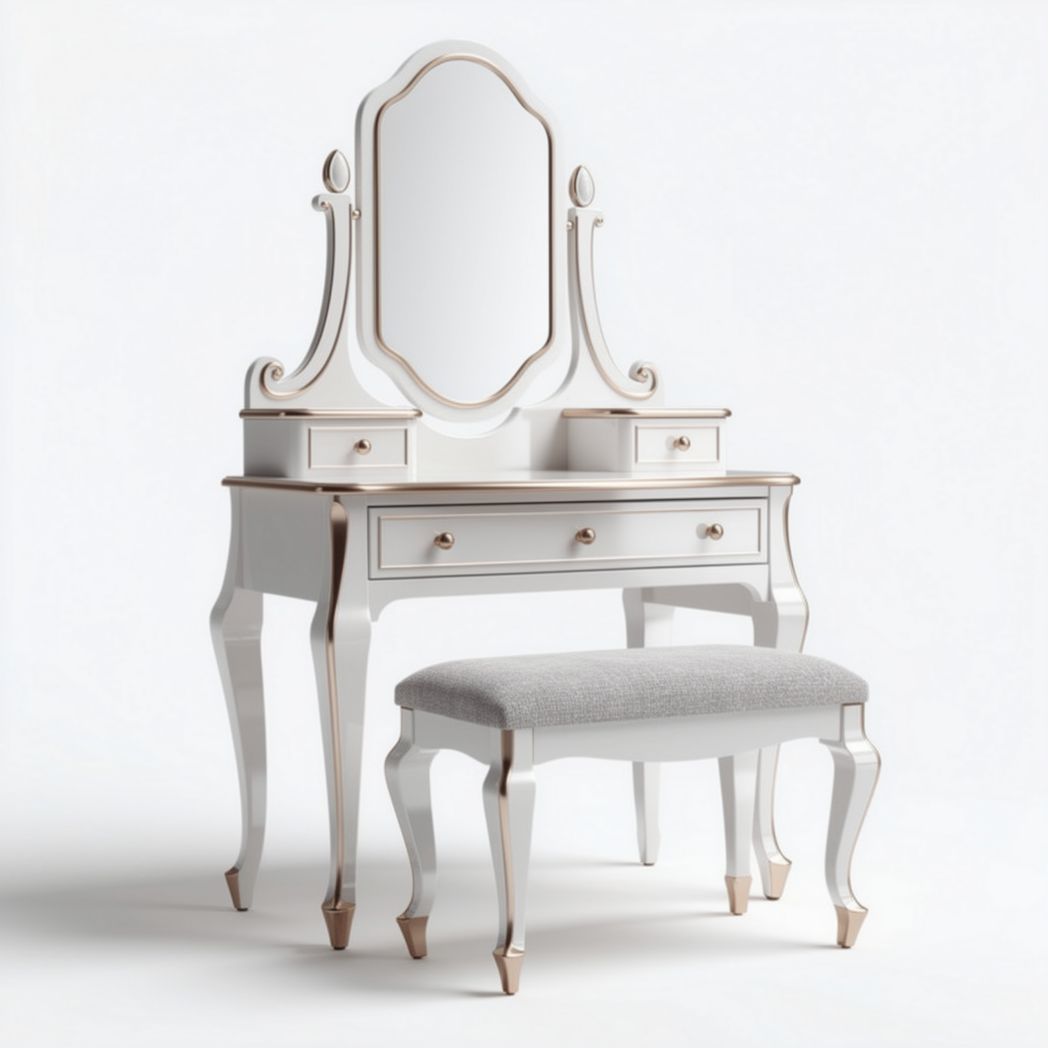 Coiffeuse blanche avec miroir et banquette rembourrée en tissu gris 120 x 40 x 75cm