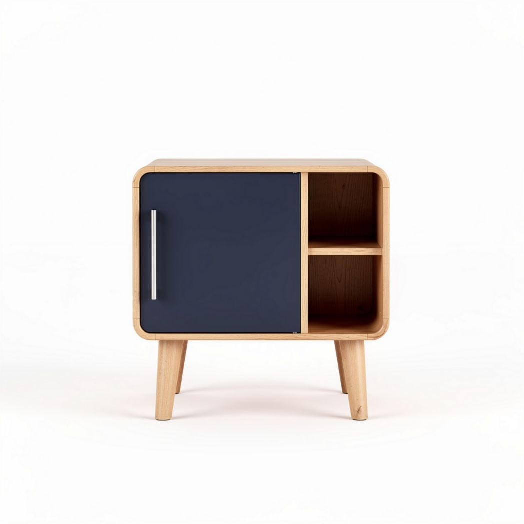 Table de chevet en bois avec une porte et un compartiment ouvert 45 x 35 x 45cm couleur bleu marine