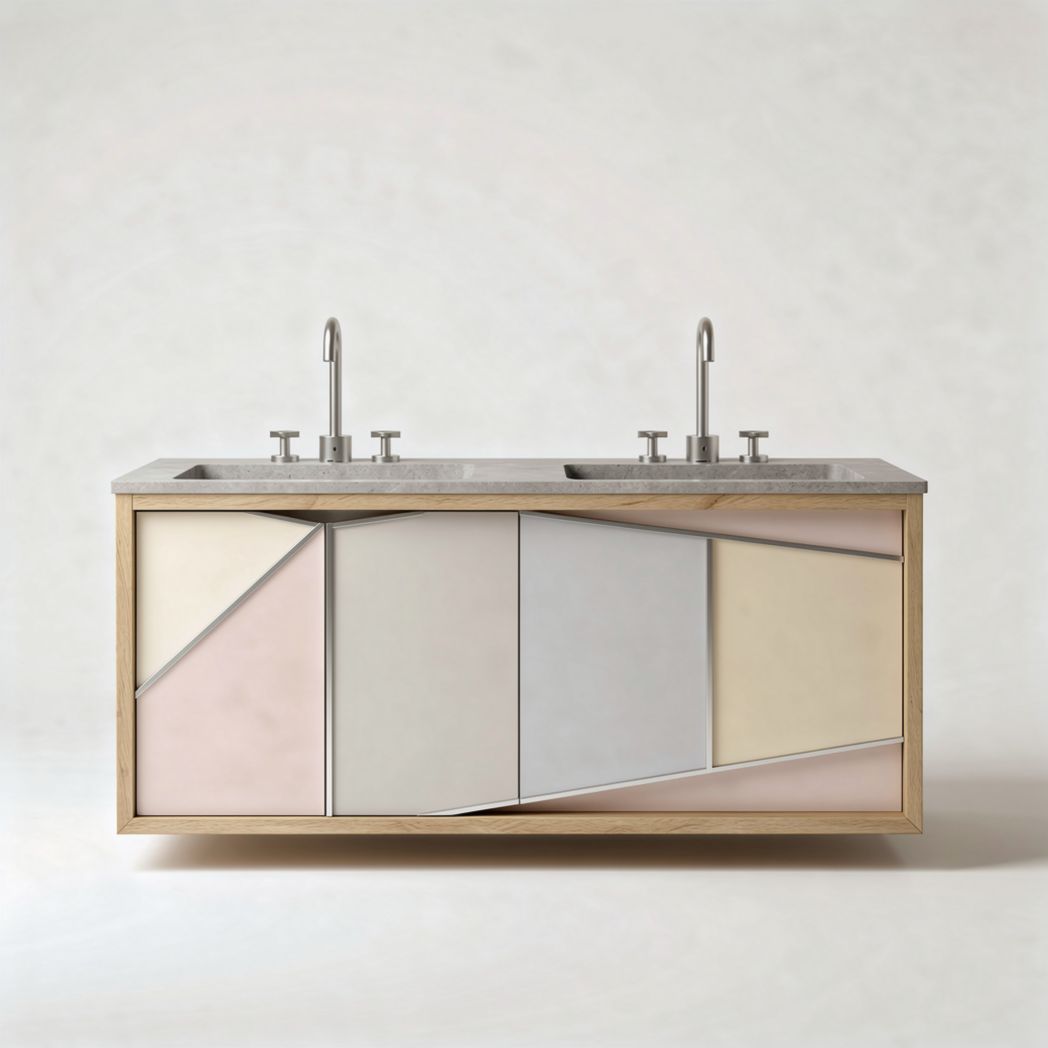 Meuble de salle de bain en bois avec double vasque et façade en verre 120 x 50 x 80cm