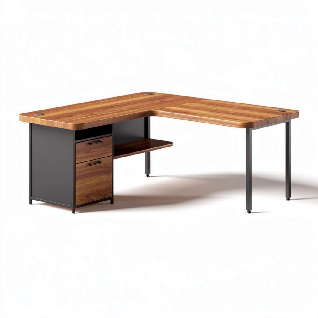 Bureau en angle en bois avec tiroirs couleur chêne 150 x 75 x 75cm