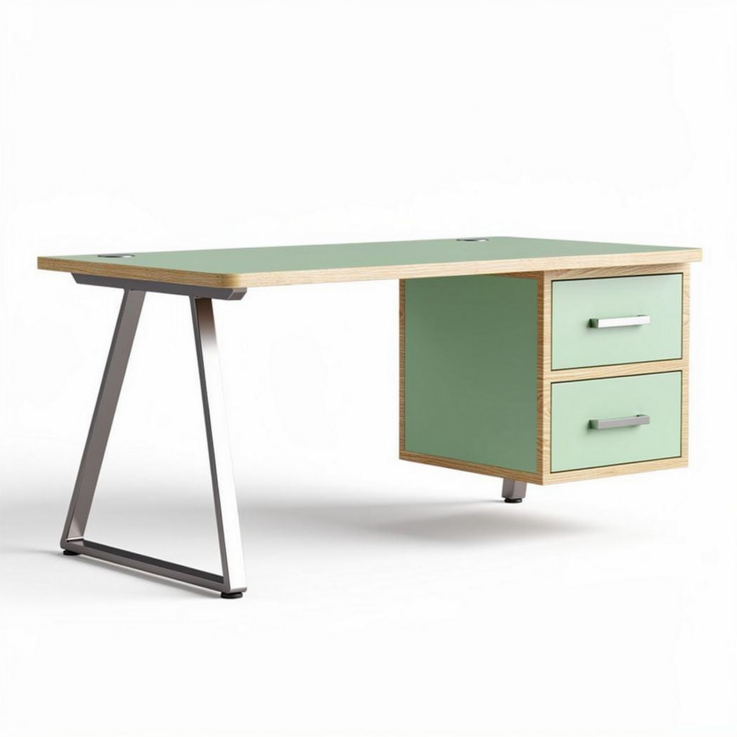 Bureau en bois avec tiroirs verts et structure en métal 150 x 75 x 75cm