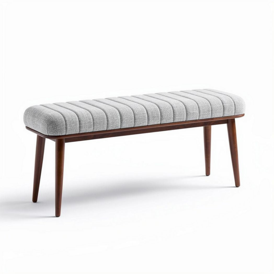 Banc en bois avec assise en tissu gris dimensions 120 x 40 x 45cm