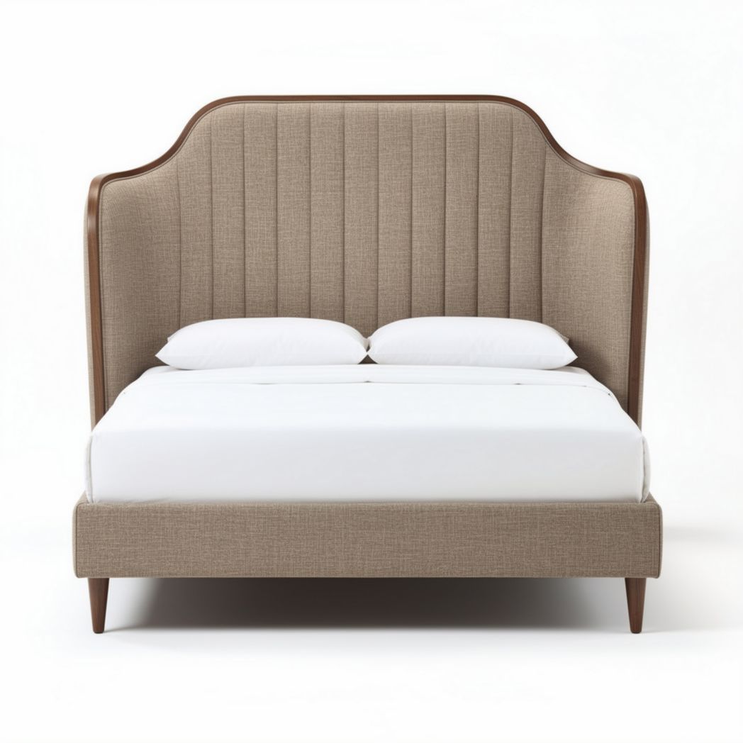 Lit double en tissu beige avec tête de lit rembourrée 200 x 160 x 120cm
